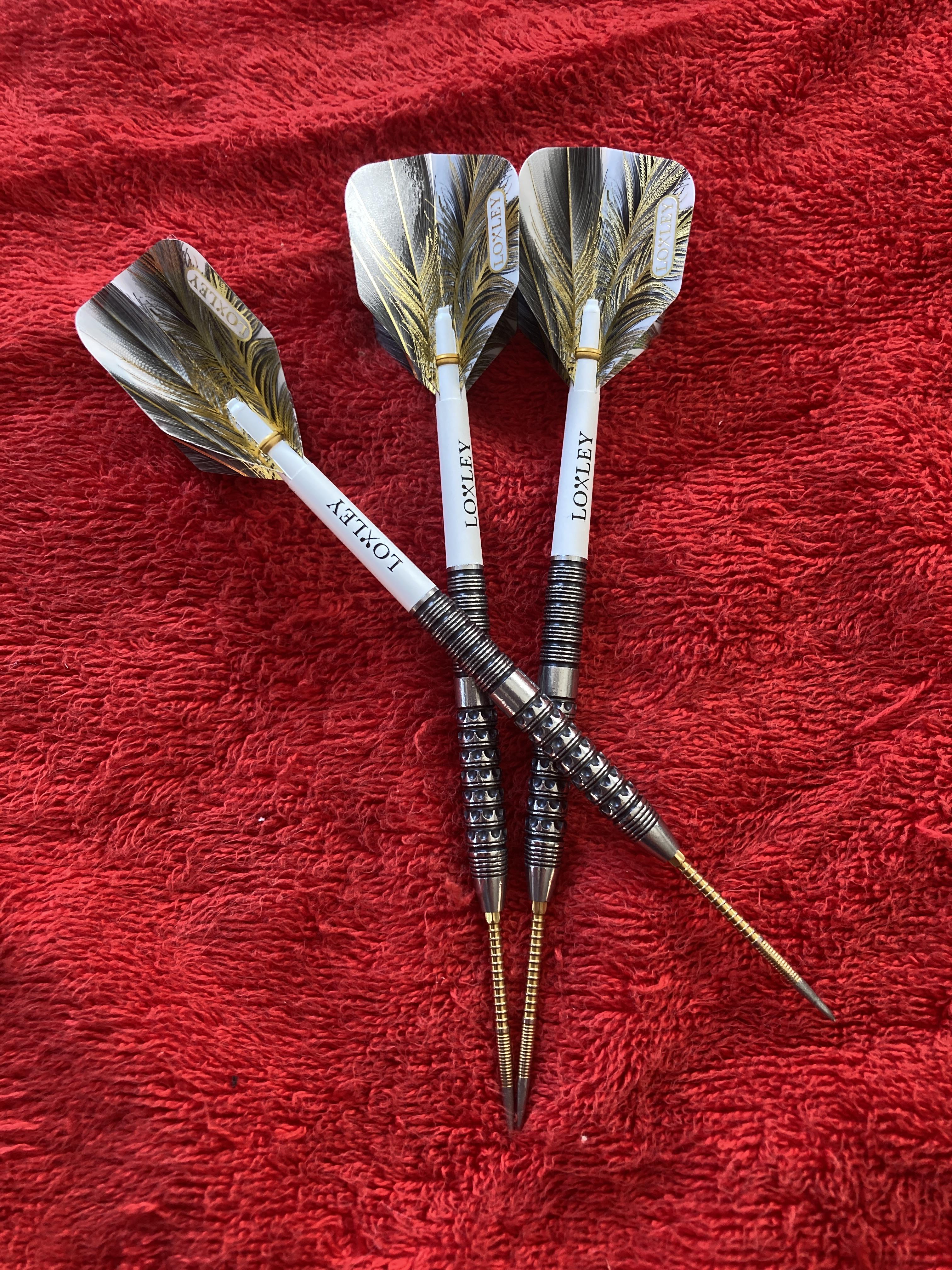 Target redux 01 in 23 gram fitted with 35mm fire points and the Loxley no6 flight and white intermediate stems 