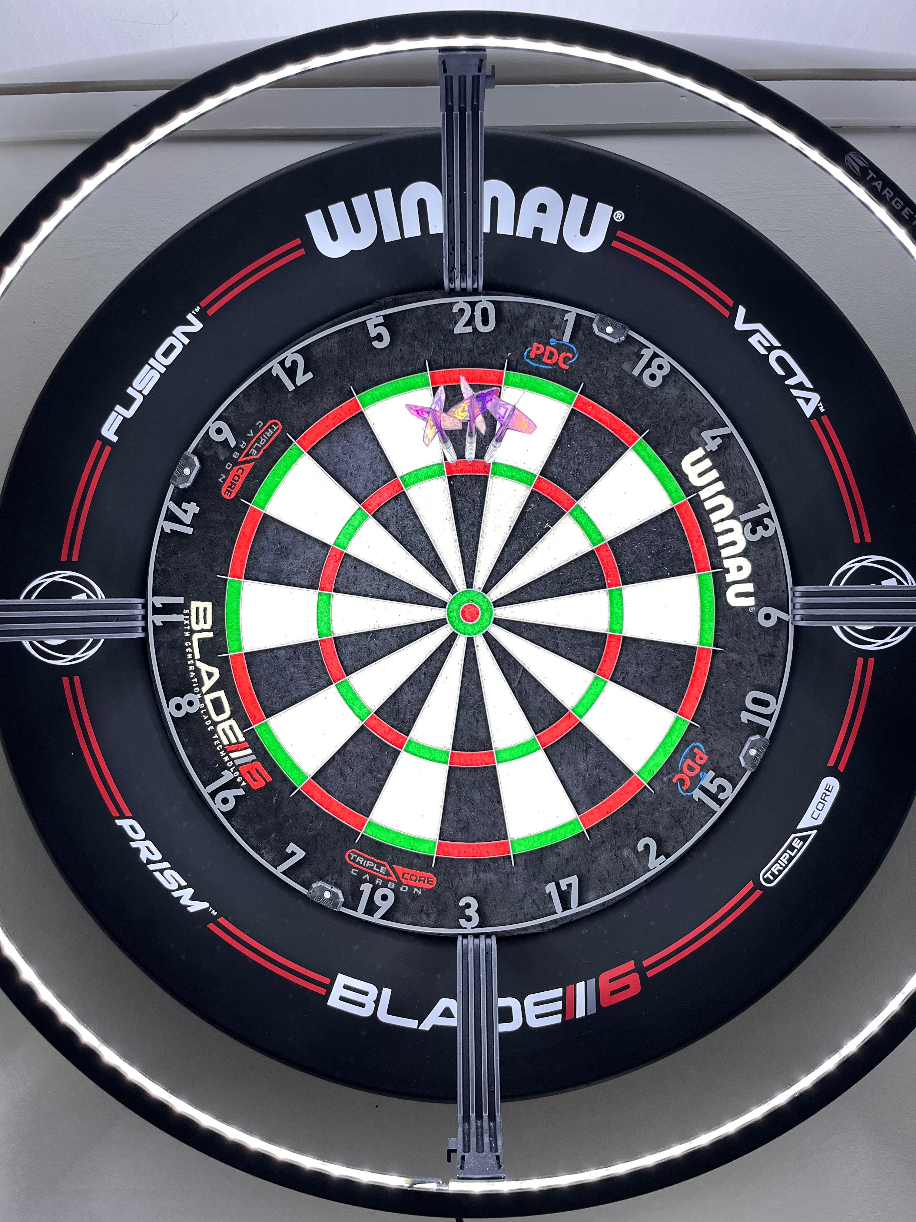 Winmau blade 6 triple core, Winmau blade 6 surround, Target corona, Goat silencer, Gary Anderson phase 5, KOTO checkout carpet.