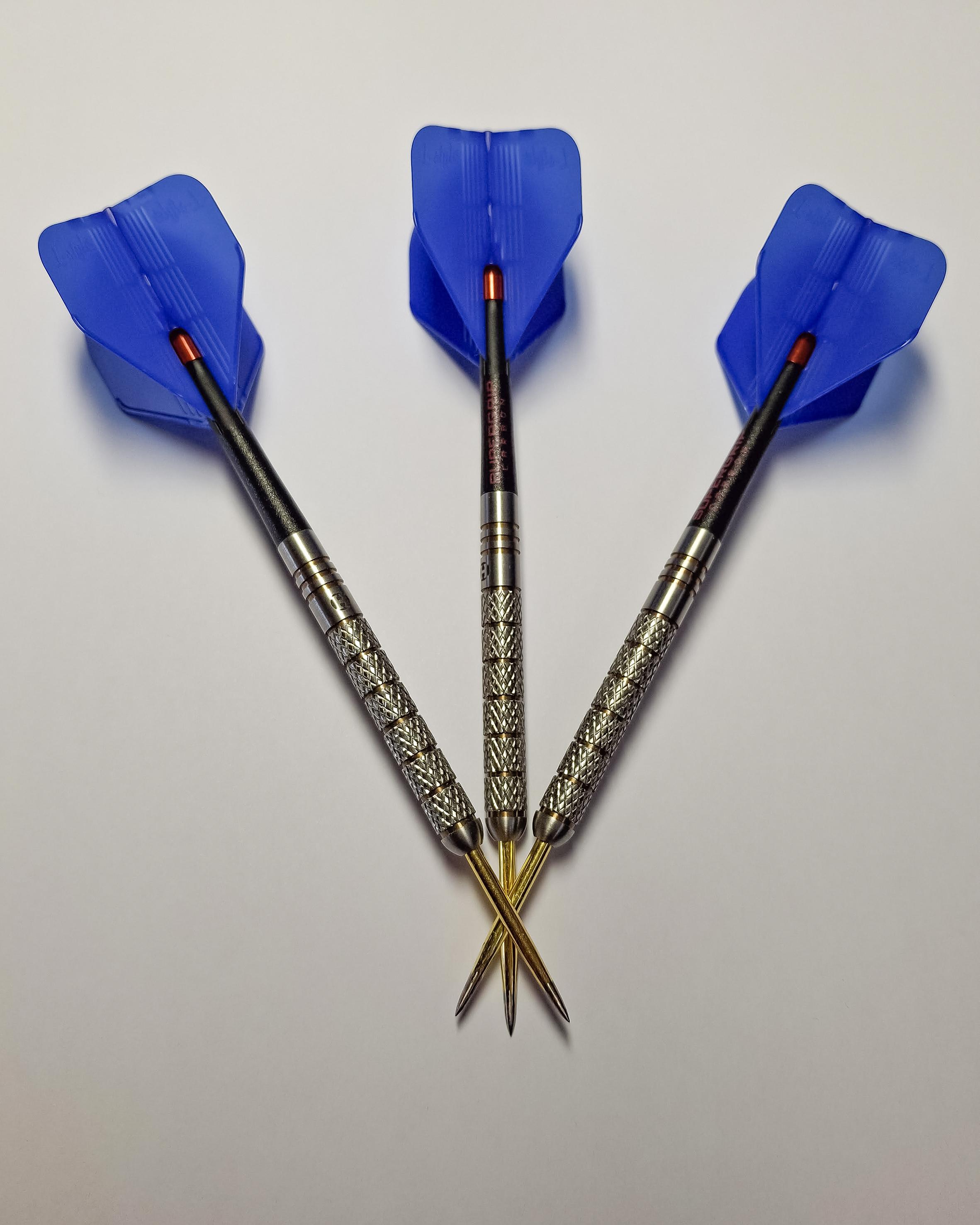 Darts Harrows Boxer 90% 21g + Tiges Harrows Supergrip carbon short + Ailettes L-Style champagne Kami L1 blue + Rings L-Style métal orange