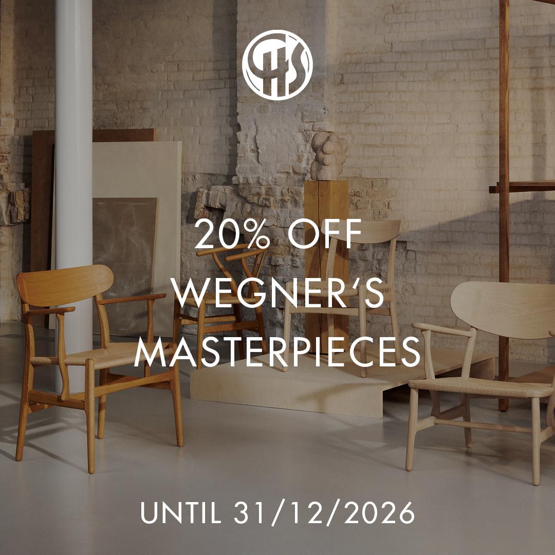 Four wooden chairs of different designs by Wegner displayed in a minimalist setting with neutral tones, offering 20% off until 31/12/2026.