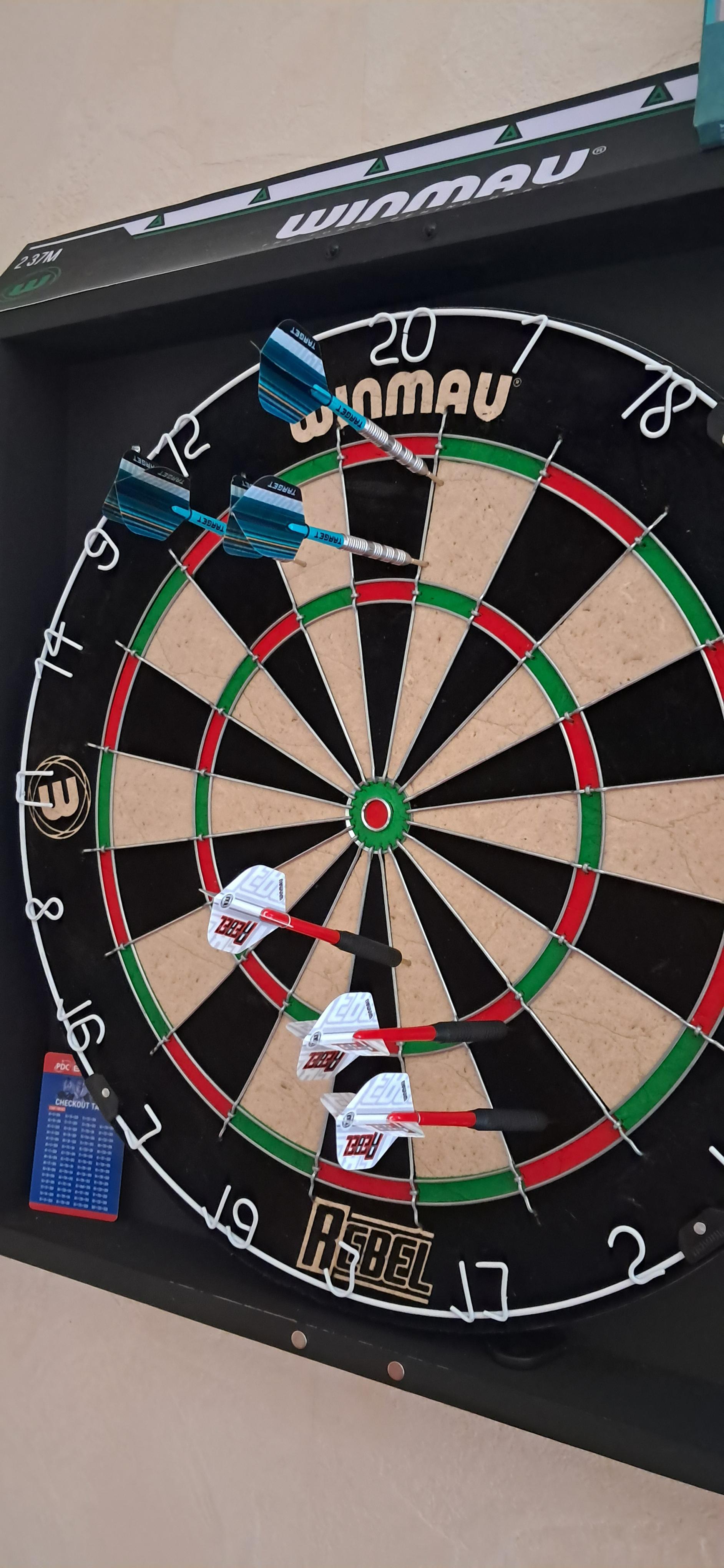 Coffret,  cible WINMAU, fléchettes TARGET, Tiges UNICORN
